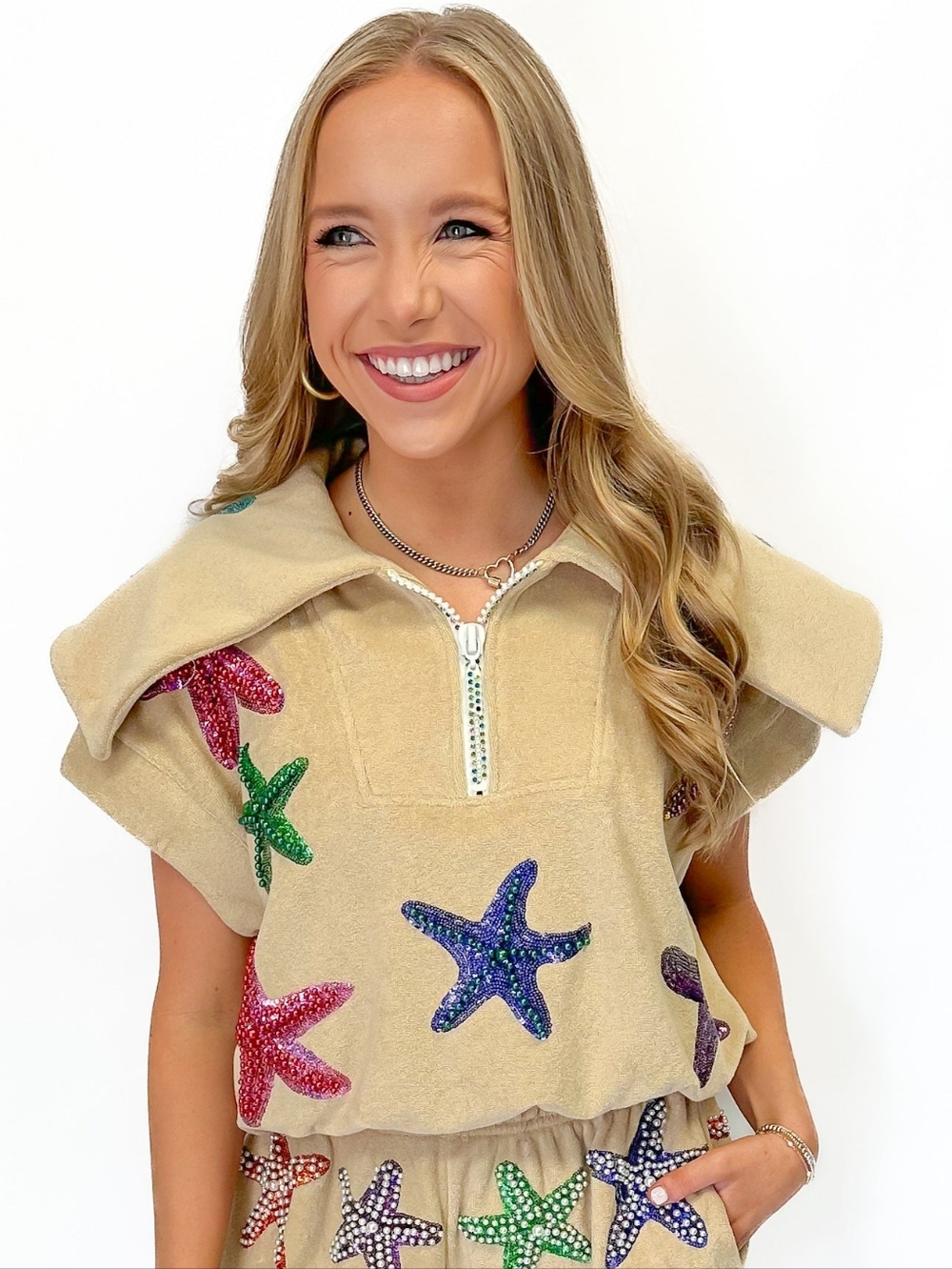 Queen of Sparkles Beige Terry Cloth Beaded Starfish ZIP Collar Top